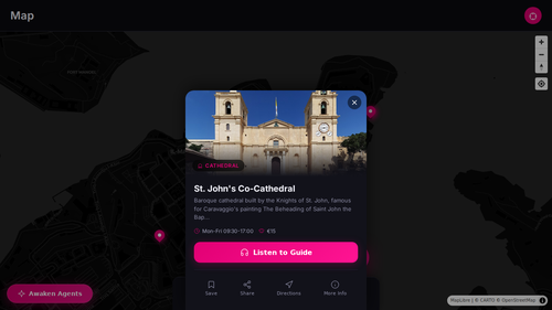 HearHere audio guide showing St. John's Co-Cathedral in Valletta, Malta with Listen to Guide button