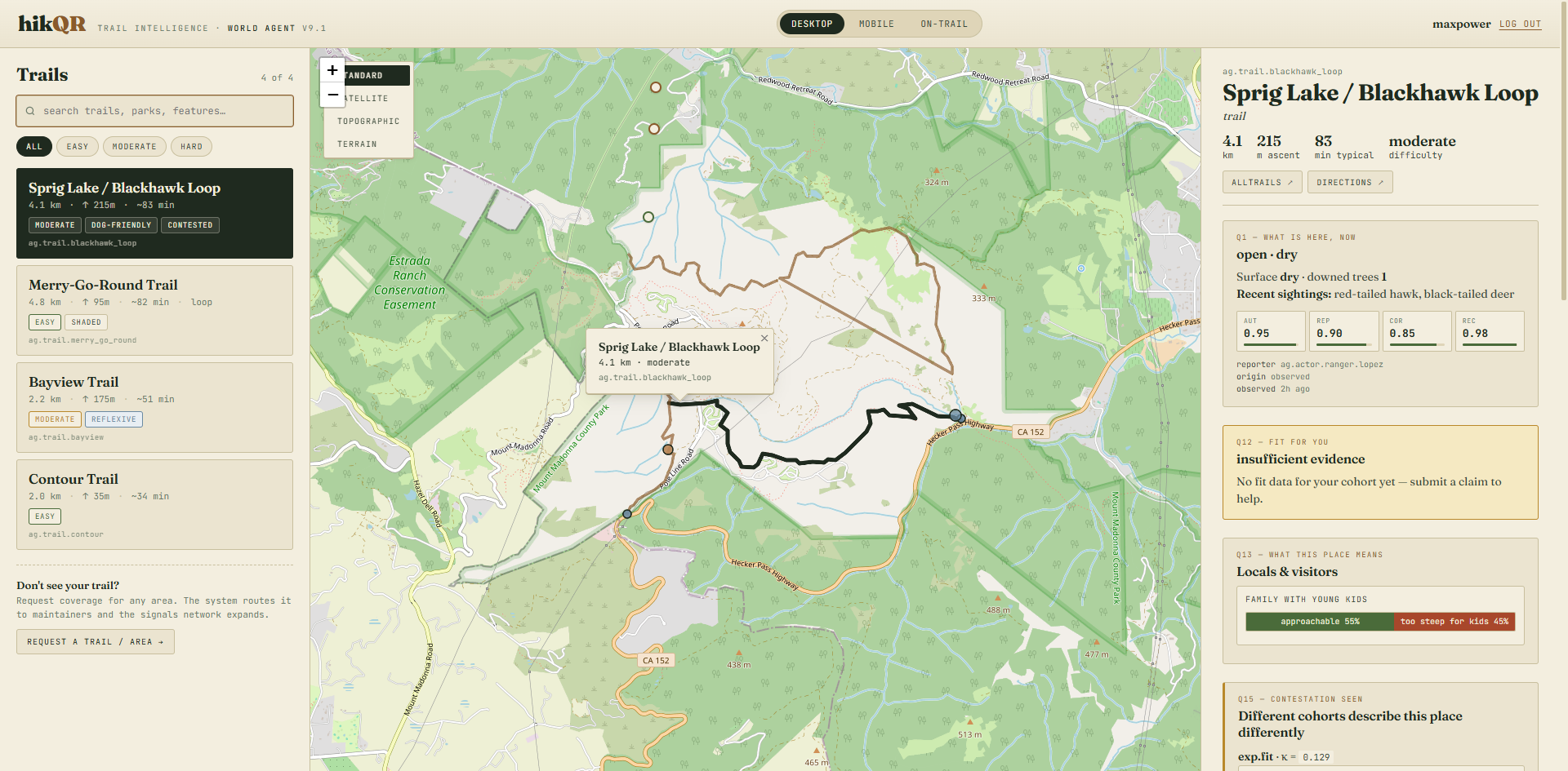 HikQR trail intelligence interface showing trail list, topographic map, and World Agent question panels for Sprig Lake Blackhawk Loop